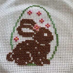 Handmade Brown Bunny Cross-Stitch Art with Pink Floral Accents